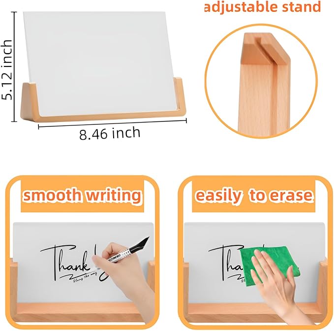 Desktop Glass Whiteboard with Wood Base, 8.46" x5.12" Small Desk Dry Erase Board Mini Whiteboard for Office Home, Accessories Included