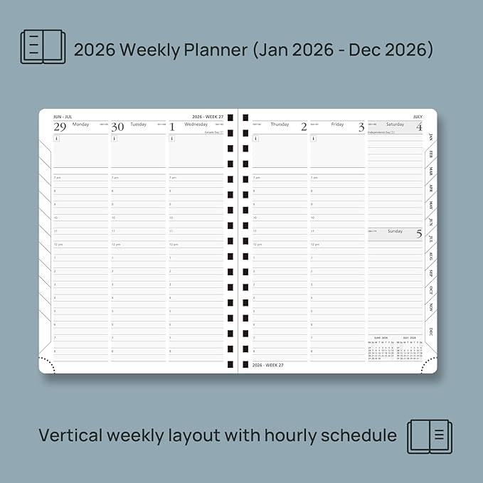 POPRUN 2026 Planner (Medium - 6.5'' x 8.5'') with Hourly Schedule, Vertical Layout - 2026 Weekly Calendar (Jan. 2026 - Dec.2026) for Time Management, Monthly Tabs, Spiral Bound, Soft Cover - Black