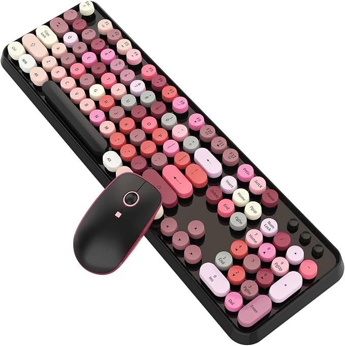 Letton USB Retro Typewriter Keyboard, Wireless Full Size with 104 Colorful Round Key and Cute Mouse with 3 DPI, 2.4GHz for Office Computer Laptop Mac PC-Black