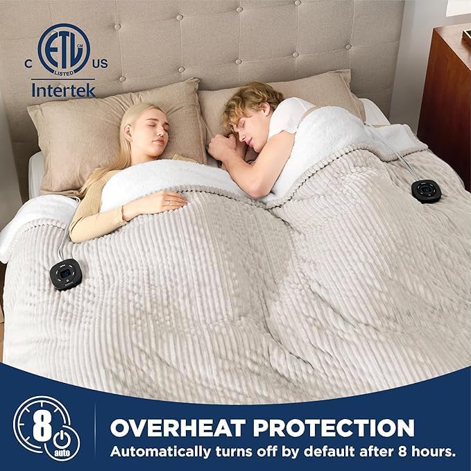 Bedsure GentleSoft Electric Blanket Queen Size - Soft Ribbed Flannel Heated Blanket with Dual Control, Heating with 10 Heat Settings & 10 Time Settings, 8 hrs Timer Auto Shut Off (84x90 inches, Cream)