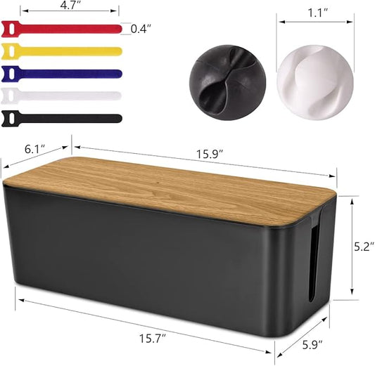 Cable Management Box Large - Wooden Grain Cable Organizer Box to Hide Wires&Power Strips,TV&Desk Computer Wires,with Cable Clips&Reusable Cable Ties for Home&Office(Black)