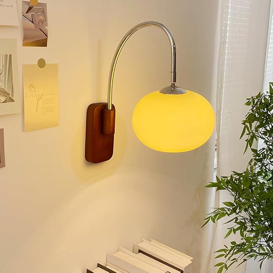 Modern Decoration Wall Sconce Mid Century with White Milk Glass Vintage Industrial Wood Wall Light Hardwired Smoke Grey Amber Farmhouse Reading Wall Lamp for Bedroom Living Room Bedside
