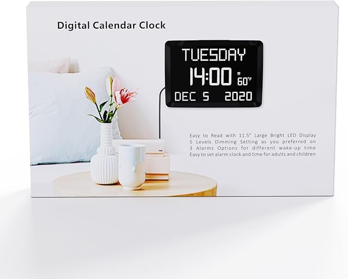 11.5” Digital Wall Clock with Date,Time,Week,Indoor Temperature,3 Alarms,5 Dimmer,2 USB Chargers,Battery Backup,Snooze,12/24H for Elderly,Parents,Impaired Vision,Dementia,Memory Loss,Office,Bedroom