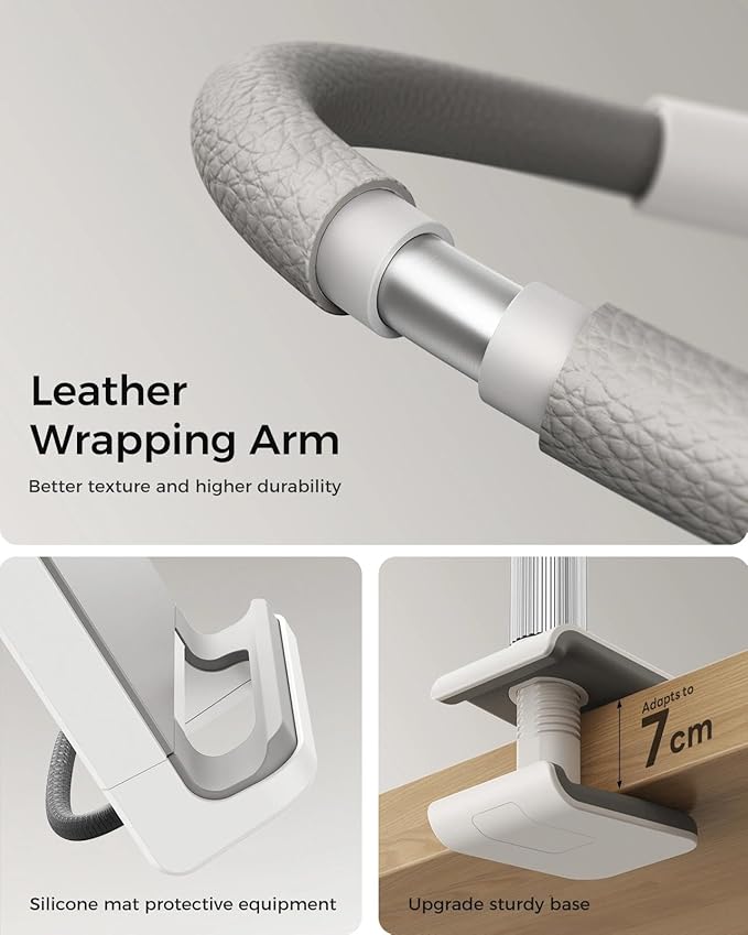 SAIJI Gooseneck Kindle Holder with Remote Page Turner, Tablet Holder for Bed, 100 cm Flexible Lazy Arm，Free Hands Kindle Accessories, Leather Tablet Stand for Reading in Bed, Gray