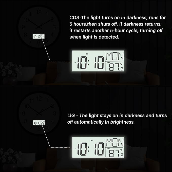 Digital Wall Clock with Lighted LCD Display Temp, Week, Switchable Time and Perpetual Calendar, DST Function, Silent Battery Operated Analog Clock for Office Bedroom Classroom (12", Black)