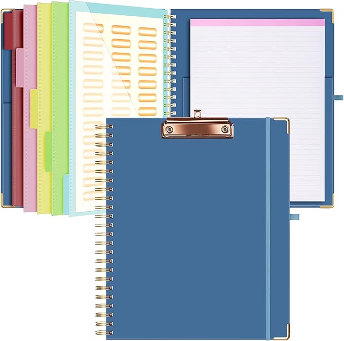 Ospelelf Clipboard with Storage 8.5 X 11，Padfolio Organizer, Spiral Portfolio Letter Size with Notepad, Pen Holder, 5 Extra Folder Divider Pages, Elastic Closure Nurse Office Essentials (Dark Blue)