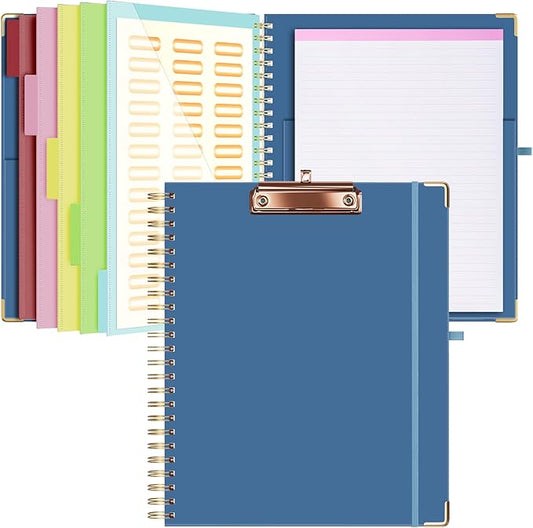 Ospelelf Clipboard with Storage 8.5 X 11，Padfolio Organizer, Spiral Portfolio Letter Size with Notepad, Pen Holder, 5 Extra Folder Divider Pages, Elastic Closure Nurse Office Essentials (Dark Blue)