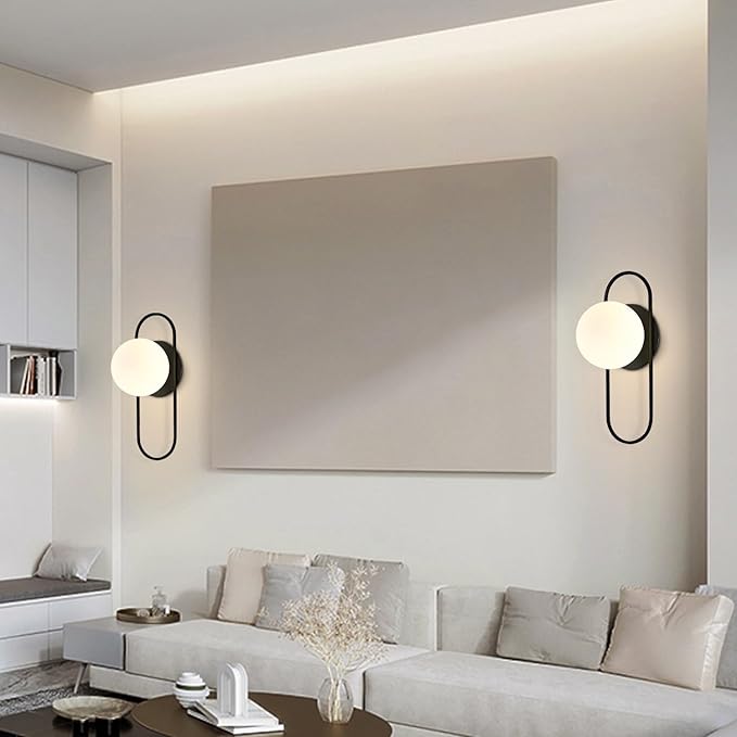 Black Glass Globe Wall Sconce Set of Two Frosted Globe Wall Light Mid Century Modern Wall Sconce Oval Wall Lamp for Bedroom Bedside Bathroom