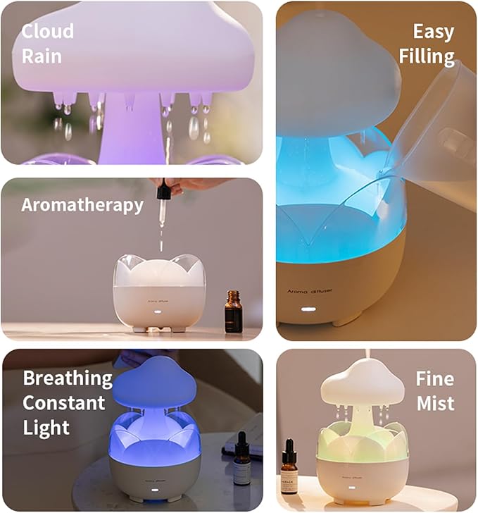 Raindrop Portable Humidifier,Cloud Essential Oil Diffuser,230ml Capacity,Remote Control,with Night Light and Waterless Auto Shut-Off,for Office Room Bedroom Livingroom
