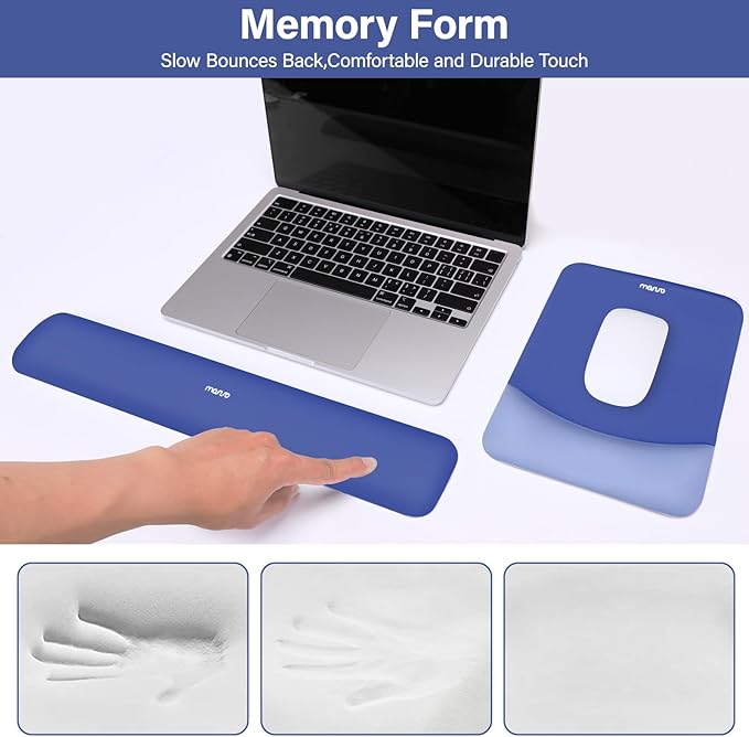 MOSISO Wrist Rest Support for Mouse Pad&Keyboard Set, Rectangular Ergonomic Mousepad Non-Slip Base Home/Office Pain Relief&Easy Typing Pad with Neoprene Cloth&Raised Curved Memory Foam, Royal Blue