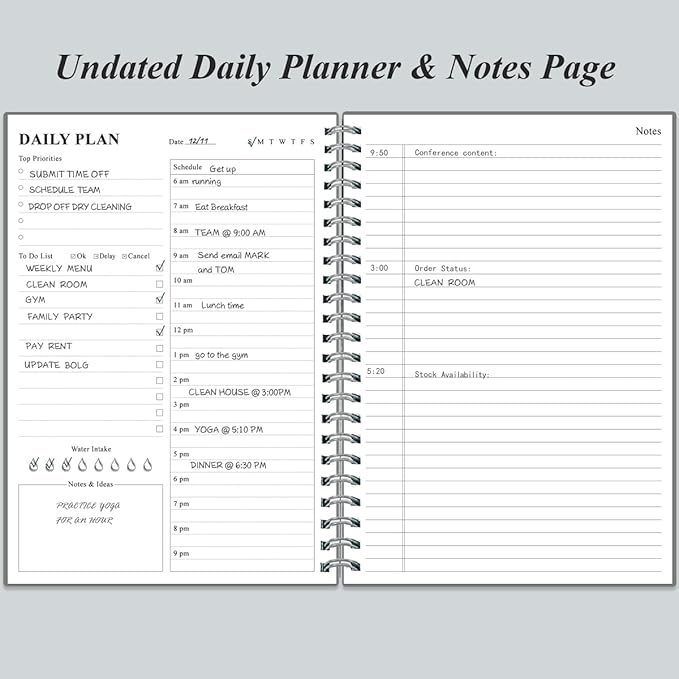 Daily Planner Undated - B5 To Do List Notebook Hourly Schedules, Spiral Appointment Planner for Women and Men, PVC Hardcover, Inner Pocket, Elastic Closure, 7" x 10", Grey