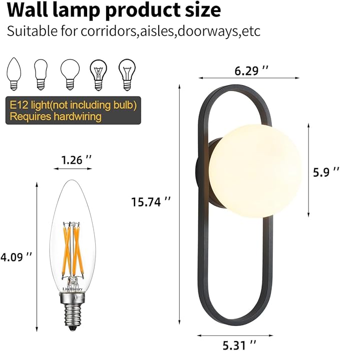 Bektas Wall Sconces, Set of 2, Matte Black, Modern Light Fixture with White Globe Glass Shade, Wall Lighting for Living Room, Bedrooms