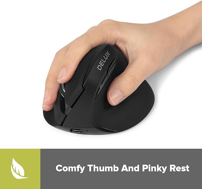 DeLUX Wireless Vertical Mouse, Small Rechargeable Silent Ergonomic Mouse with BT 5.2 and USB Receiver, 6 Buttons and 4000 DPI, for Carpal Tunnel (M618mini-Black)