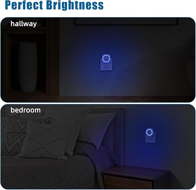 Blue Night Lights Plug into Wall, 4 Packs Dimmable Night Light with Dust to Dawn Sensor, Automatically Turn on and Off, Gentle Glow Nightlight for Bathroom,Bedroom,Stairs,Kitchen,Hallway, Blue
