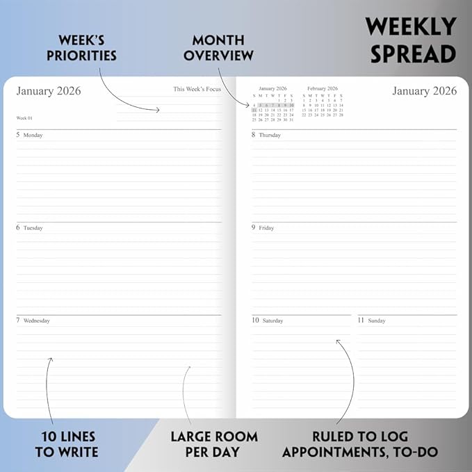 2025-2026 Planner - Weekly and Monthly Planner, Oct 2025 - Dec 2026, Holidays, Contacts and Notes Pages, Vegan Leather Cover, Elastic Closure, 5.5”x8.25”, Teal