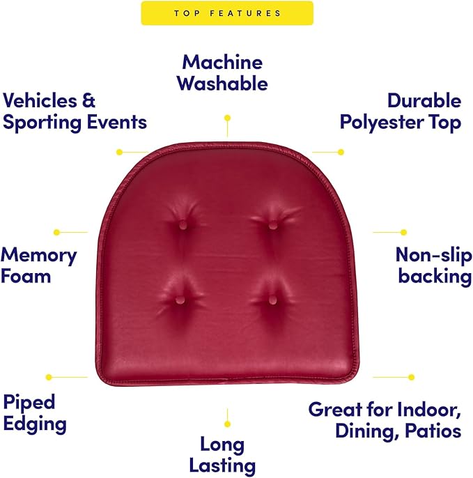 Sweet Home Collection Chair Cushion Memory Foam Pads Tufted Slip Non Skid Rubber Back U-Shaped 17" x 16" Seat Cover, 2 Count (Pack of 1), Faux Leather Burgundy Red
