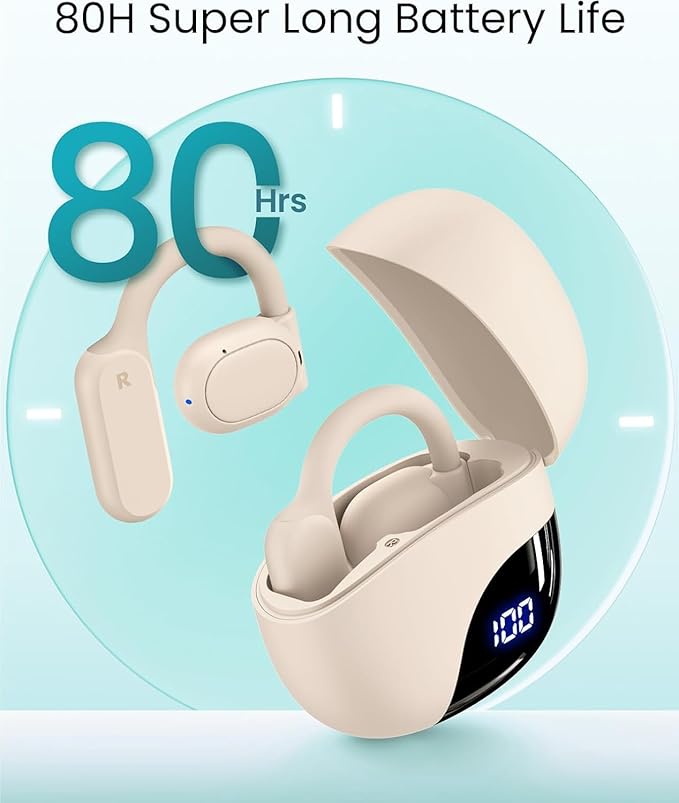 TAGRY Open Ear Earbuds Wireless Bluetooth Headphones 80Hrs Playtime Ear Buds with Earhooks IPX7 Waterproof Touch Control Earphones Sport Headsets for Workout Running Beige
