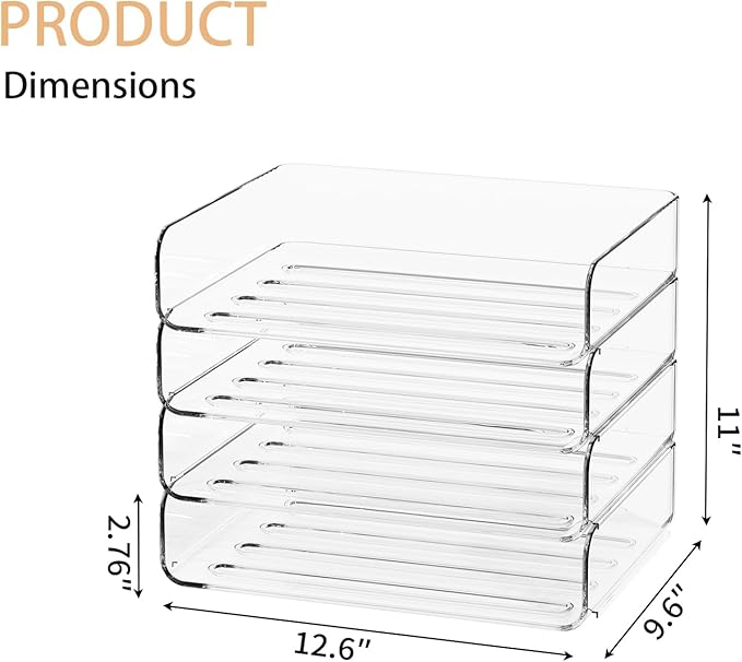 4-Tier Acrylic Paper Tray Organizer - Low-Profile Desk File Sorter for Office/Home, Clear Stackable Letter Tray for Bills, Crafts, Notebooks
