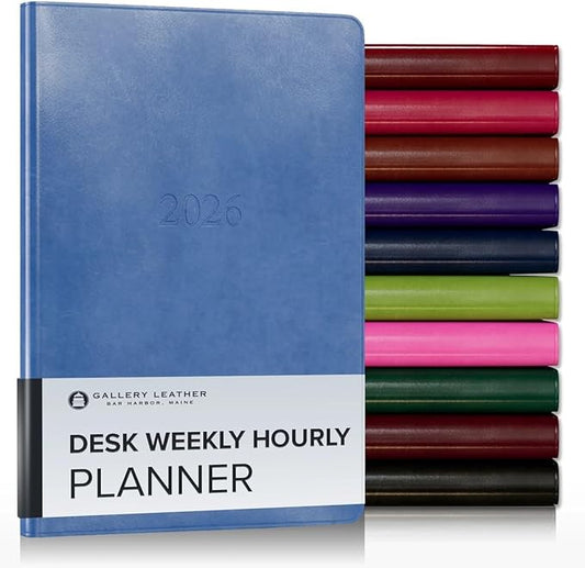 Gallery Leather Desk Hourly Weekly Monthly Planner 2025-2026, Elegantly Bound Calendar Planner and Notebook with Stylish Gold-Gilded Page Edges, 12 Months - Acadia Hydrangea - 8 x 5.5 "