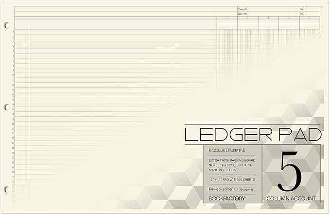 BookFactory Ledger Pad/Large 5 Column Accounting Ledger Columnar (Five Columns) Pads - 17'' x 11'', 50 Pages, Notepad Landscape Format (PAD-050-CLCPD3(17x11-Ledger-5)-AX)
