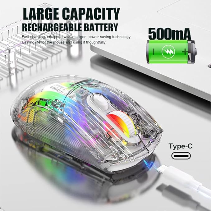 Bluetooth Wireless Mouse, Transparent RGB Mechanical Dual Mode Gaming Mouse, A Must-Have Cool USB Computer Mouse for Gaming and Esports