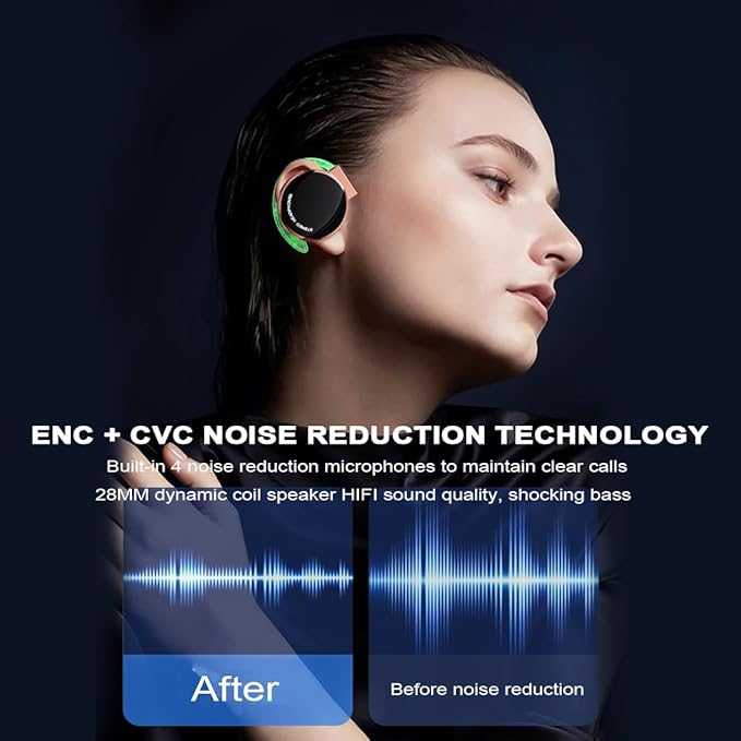 Open-Ear Headphones Bluetooth V5.3, On Ear Headphones Wireless with Earhooks, Ear Clip On Earphones, Sports Headset Bluetooth with 4 Microphones, Noise Cancelling/Long Battery Life