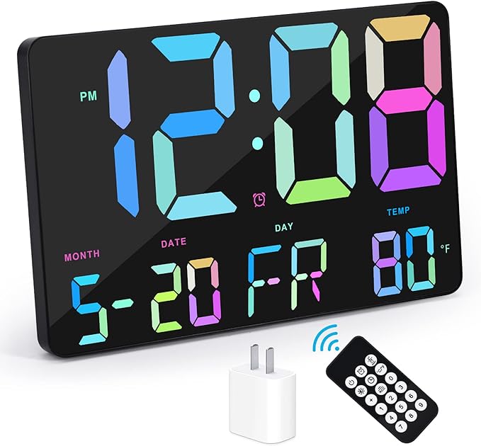 Amgico Digital Alarm Clock with Snooze, Temperature, Auto Dimming, 11.5" Large Display Calendar, Desk/Wall Clock for Bedroom, Living Room, Office, Home, Classroom, Kids, Elderly - Rainbow