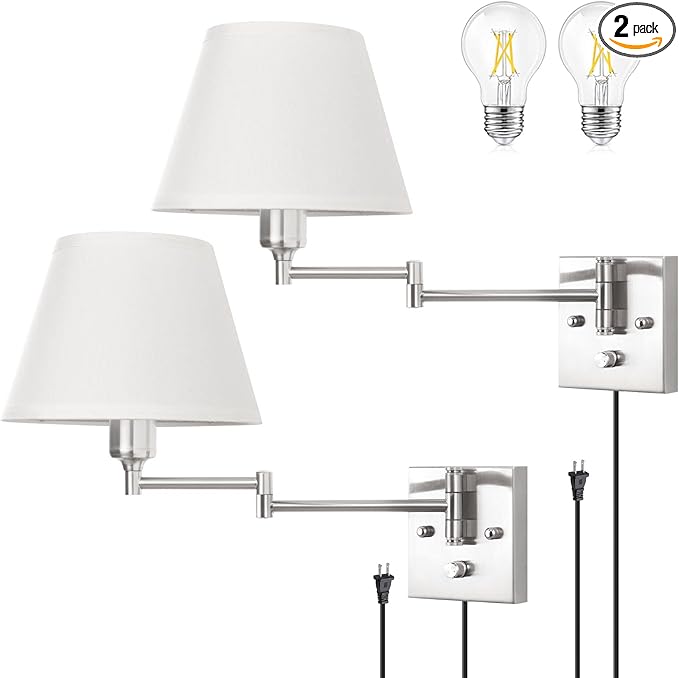 TRLIFE Wall Sconce Plug in, Dimmable Wall Sconces Set of 2 Brushed Nickel Swing Arm Wall Lights with Plug in Cord and On/Off Dimmer Rotary Switch, 9.4" Medium White Fabric Shade(2 Pack, 2 Bulbs)