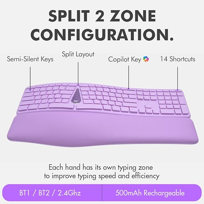 X9 Purple Ergonomic Keyboard Mouse Wireless Combo - Type Comfortably Longer - 2.4G/Bluetooth Split Keyboard, Multi-Device, Soft Wrist Rest, Rechargeable, Silent Ergo Keys - Laptop, PC, Mac,iOS,Android