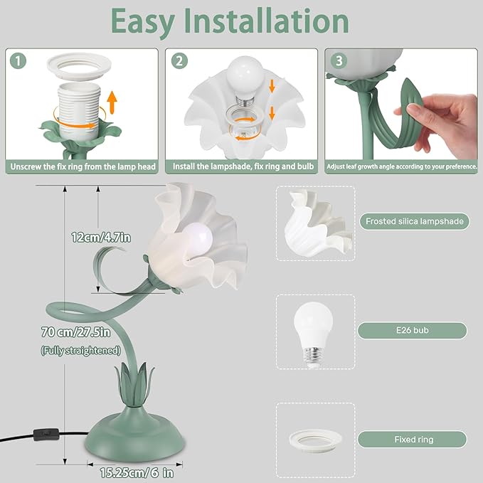 Women Bedside Table Lamps for Bedroom, Cute Flower Desk Lamp with Adjustable Flexible Gooseneck, 3 Color Temperatures Nightstand Lamp with E26 LED Bulbs, Floral Lamp for Living Room, Office,Reading