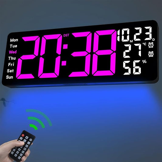 JoFomp 17.3" Large Digital Wall Clock, LED Digital Clock Large Display with Remote Control, Alarm Clock with Temp/DST/Dimmer/Humidity/Timer/Ambient Light - 12/24H, Alarm Wall Clock for Bedroom