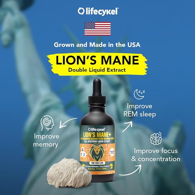 Lifecykel Lion's Mane Mushroom Extract w/Kakadu Plum- Memory Focus Clarity REM Sleep-100% Organic Mushrooms Brain Booster Nootropic Brain Supplement Focus Supplement Made in US, 2 Fl oz (30 Servings)