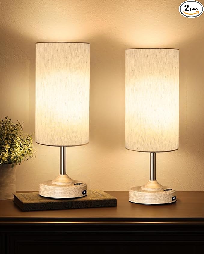 EZVALO Rechargeable Table Lamp, 2-Pack, Dimmable, 2700K, Timer, Touch Control, Portable, LED, Wireless, Cordless e, Battery Operated, Desk Lamp, Kitchen Lamp, Fabric Shade, Wood-Grain Finish, Bedside