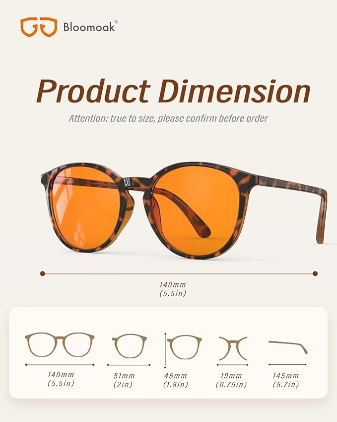 Bloomoak 99% Orange Blue Light Blocking Glasses,Retro Trendy Round Style,Relieve Eye Fatigue,Improve Sleep For Screens/Games