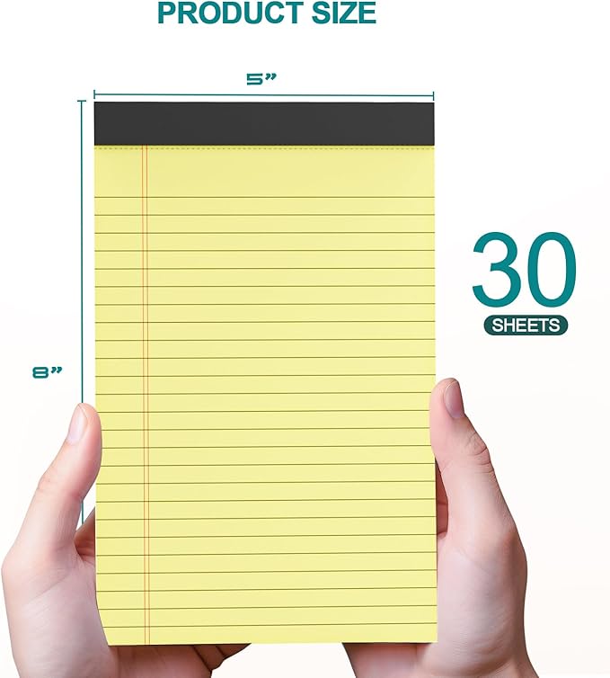 Note Pads 5x8, 4 Pack Small Legal Pads 5x8 Yellow Pad, College Ruled Legal Notepads, Lined Pads of Paper 5x8 Yellow Paper Writing Pads, 30 Sheets Per Notepad for School, Home, Office, Business