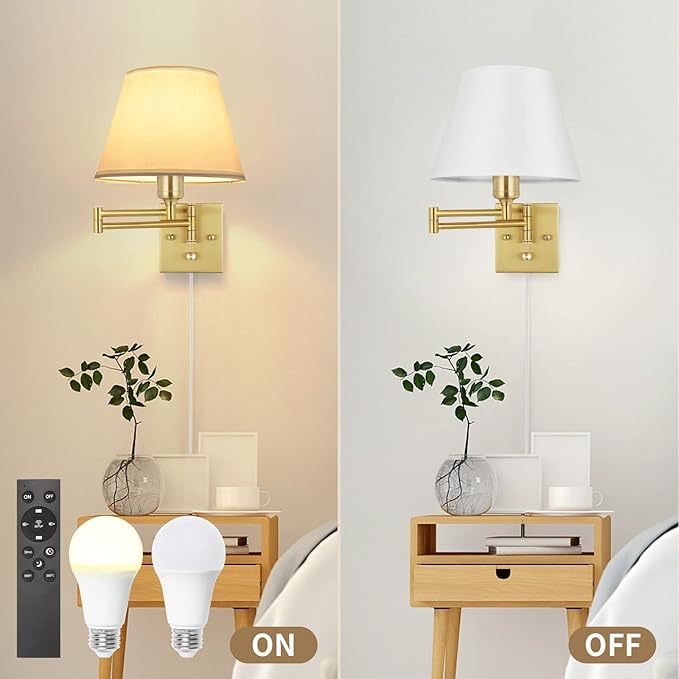 TRLIFE Dimmable Wall Sconce, Remote Control Dimming 10-100% and Adjustable Color Temperature 2700K-6500K Brushed Brass Swing Arm Wall Lights with Plug in Cord, 9.4" Medium White Shade(2 Pack, 2 Bulbs)