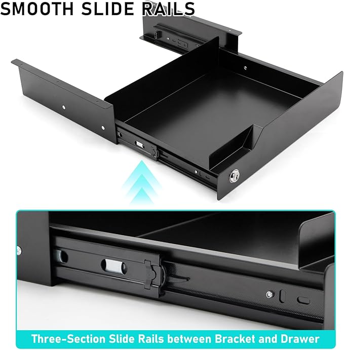 Under Desk Drawer with Lock, 16" W x 11.8" D x 6.3" H Slide Out Mounted Pull-Out Add On Drawer Lockable Storage Black
