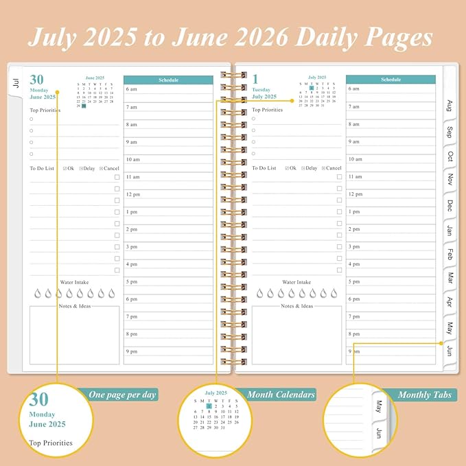 2025-2026 Daily & Monthly Planner - One Page Per Day, Daily Planner from July 2025 to June 2026, Planner 2025-2026 with 12 Monthly Tabs, 6.4" x 8.5", Rose Flower