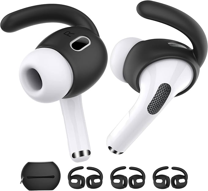 AhaStyle 3 Pairs AirPods Pro 2nd Generation Ear Hooks【Added Storage Pouch】 Anti-Slip Ear Covers Silicone Accessories Compatible with Apple AirPods Pro 2nd Generation (3 Large, Black)