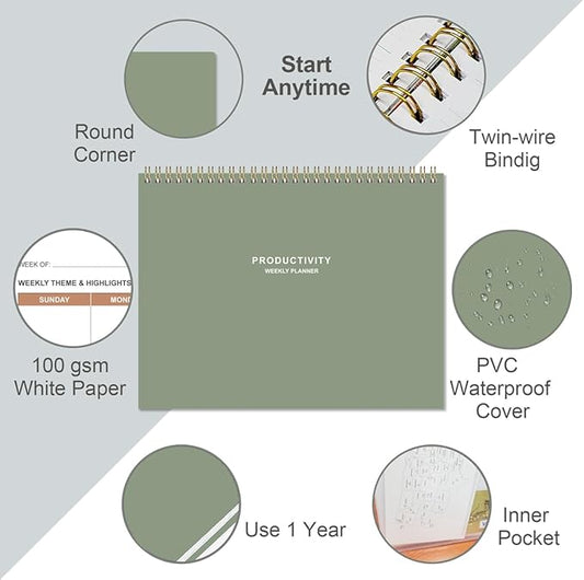 Weekly Productivity Planner - 8.5" x 11" Dashboard Desk Notepad Has 6 Focus Areas to List Tasks for Goals, Projects, Clients, Academic or Meal-Organize Your Daily Work Efficiently, 54 Weeks, Green