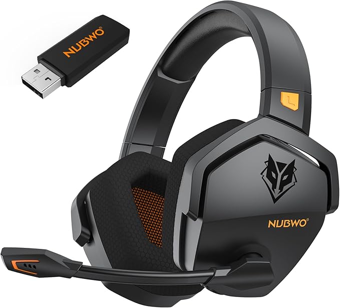 NUBWO Wireless Gaming Headset with Mic for Ps5 Ps4 PC, Zero Interference, 100-Hour Battery All-Day Play, 23ms Sync for Fortnite & Call of Duty/FPS Gamers, Triple Mode All Devices Compatible - Orange