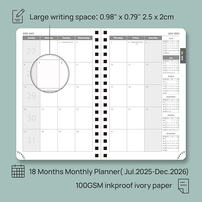 POPRUN Monthly Planner 2025-2026 Pocket Size (4" x 6.25") 18 Months Calendar (Jul 2025 - Dec 2026) - 4 Pages per Month with Monthly Expense & Notes, Sunday Start, Leather Cover - Blue Green