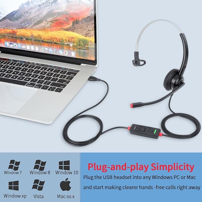 USB Headset with Microphone for PC Laptop Computer Headphone Noise Cancelling Mic for Home Office Online Class Skype Zoom