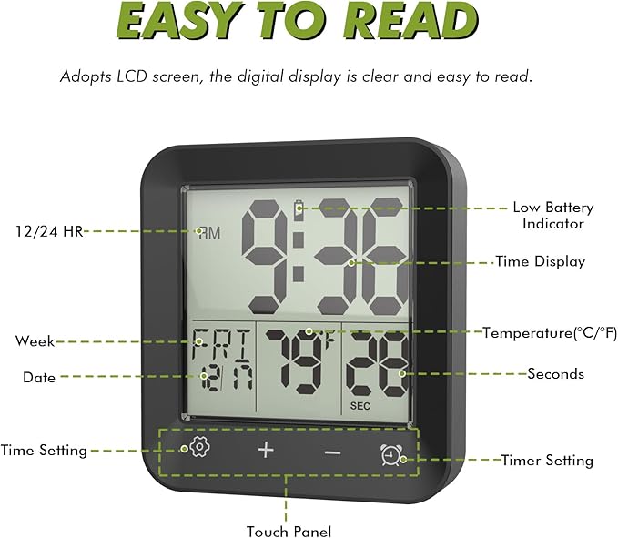 Shower Clock Waterproof Bathroom Timer, Digital Wall Clock with Countdown, Touch Screen, Temperature, LCD Display, Suction Cup Hanging Hole Stand for Kids and Adults