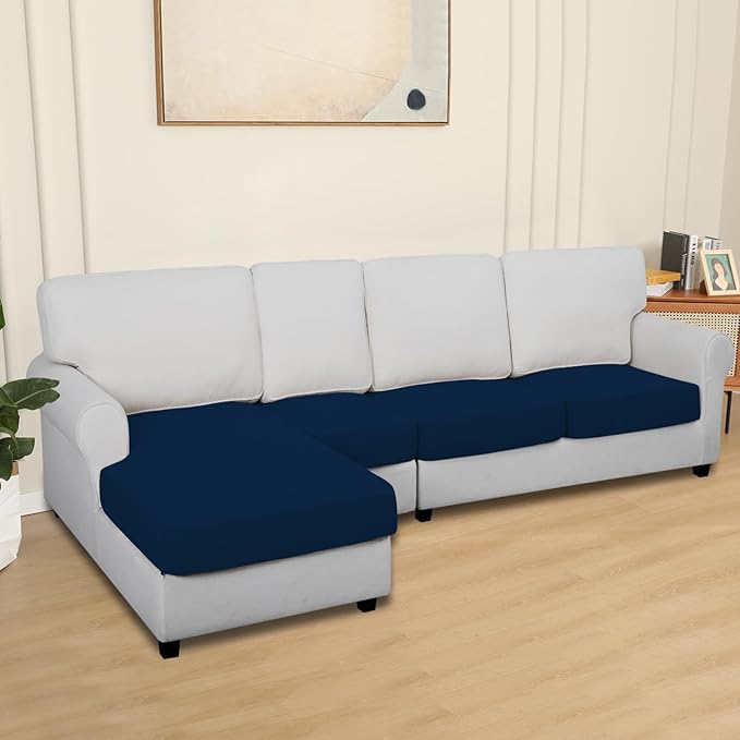 Easy-Going 100% Waterproof 4 Pieces Couch Cushion Covers for Sectional Sofa Left/Right L Shape Chaise Lounge Sofa Seat slipcover Anti-Slip Sofa Cover (3 Seater + 1 Chaise, Navy