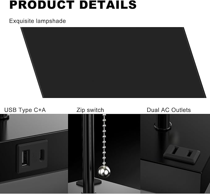 Table Lamp for Bedroom with USB,Bedside Lamp with USB C+A Charging Ports,Adjustable 3color LED Light for Home Decor/Nightstand/Office,Included Bulb and Fabric Lamp Shade (Linen Black, 1PCS)