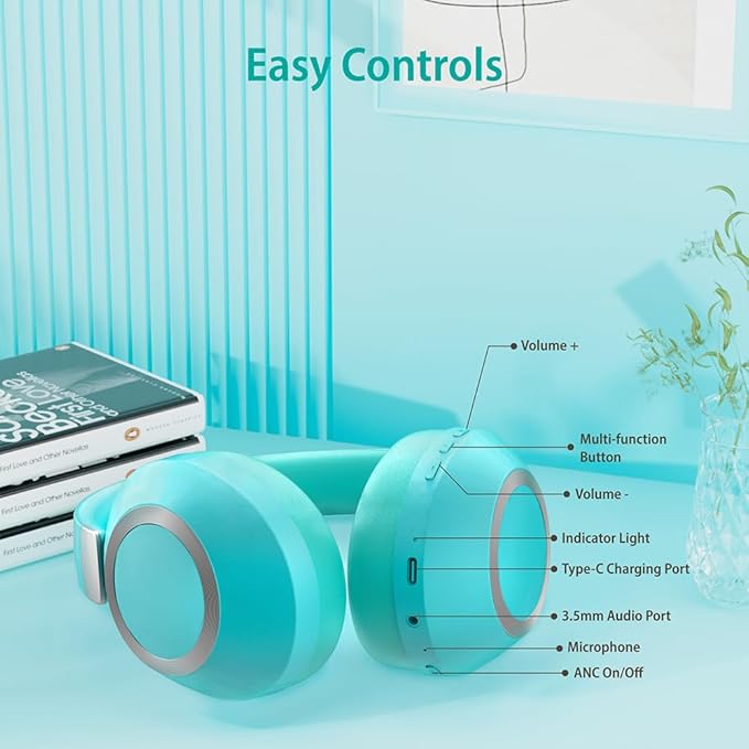 Active Noise Cancelling Headphones, 100H Playtime Bluetooth Headphones Wireless Bluetooth with Mic, Over Ear Wireless Headset with Deep Bass,Fast Charging for Travel (Light Green)