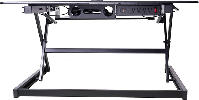 Rocelco 40" Height Adjustable Standing Desk Converter with AC Outlet and USB Charger - Gas Spring Sit Stand Up Dual Monitor Tabletop Riser Workstation - Large Keyboard Tray - Black (R DADRB-40-ACUSB)