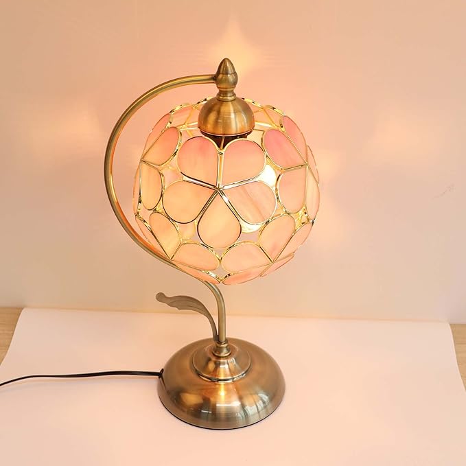 Bieye L10836 Tiffany Style Stained Glass Flower Petal Table Lamp with Brass Base for Home Décor (Pink, 8“ Flower Ball)