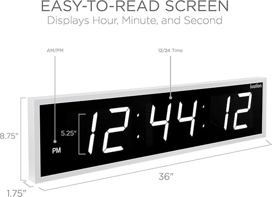 Ivation Oversized 36" Large Digital LED Clock | Big Digital Clock w/Multi-Function Display – Stopwatch, Timer, Alarms, Temp & Date | 6 Brightness Levels, Time Memory & Remote (White)